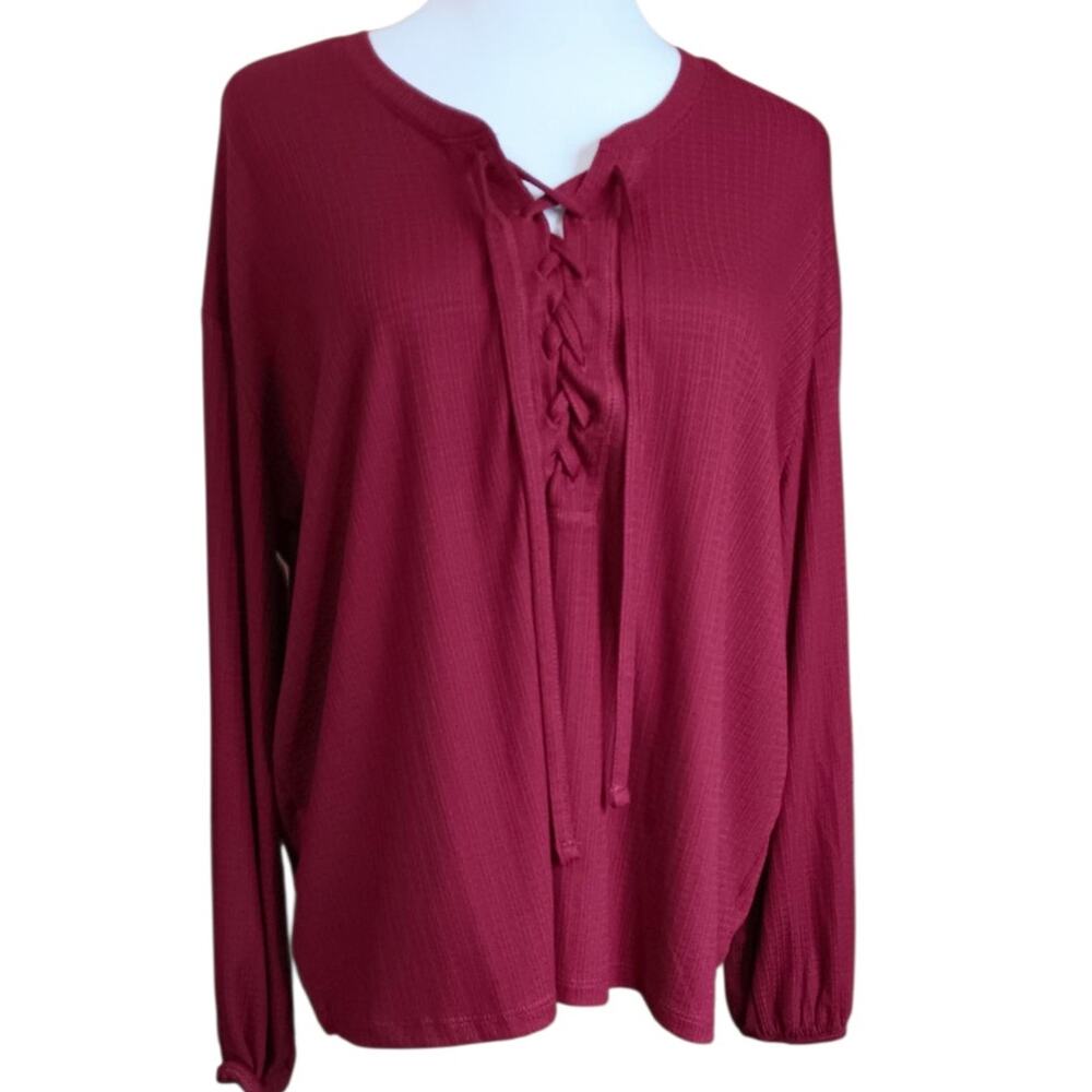NEW TORRID 0 Blouse‎ Top 12 Large Burgundy Boho Peasant Criss Cross Laces V-Neck